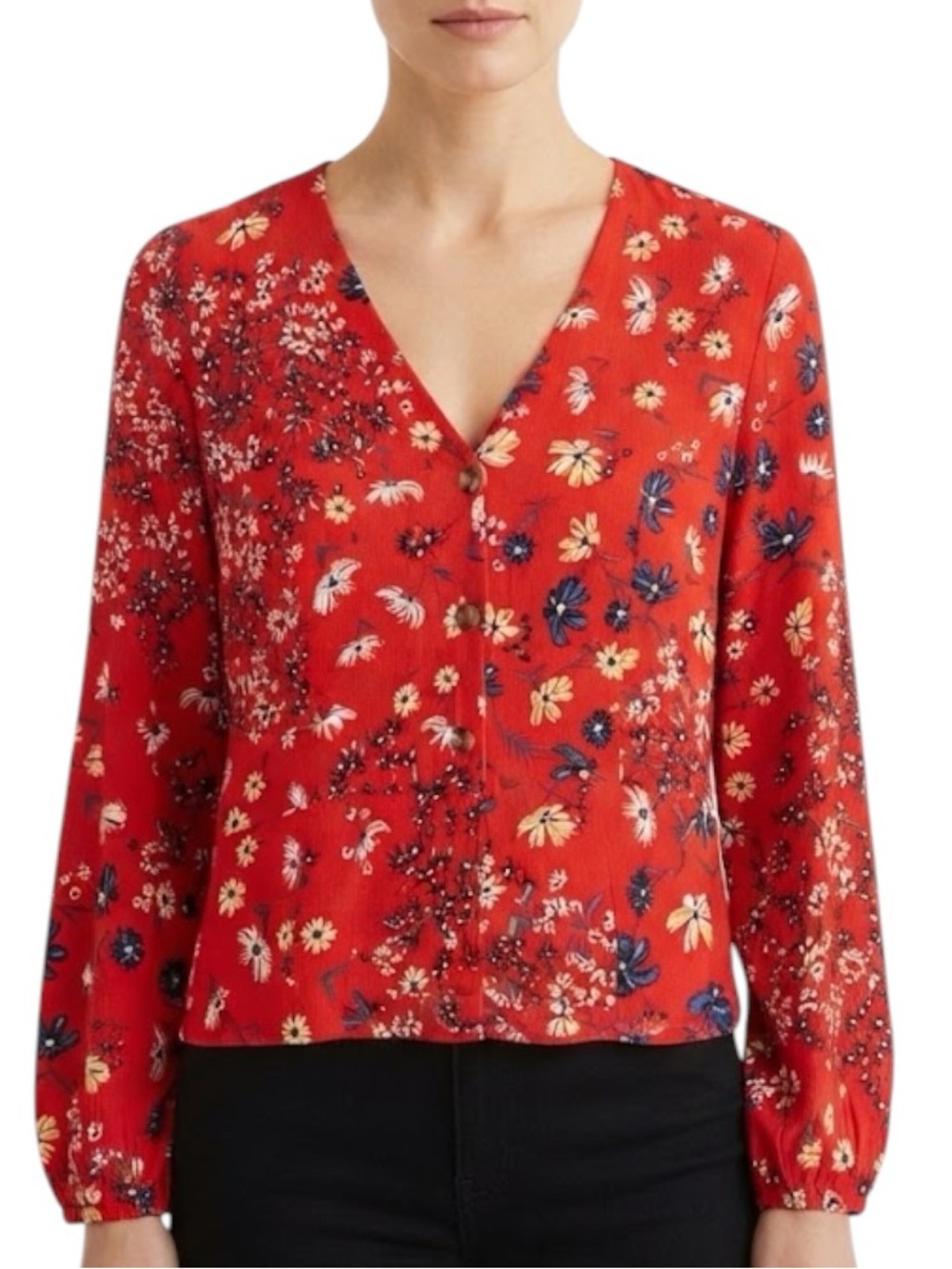 H&M Red Mixed Floral V-Neck Peplum Blouse Size 8